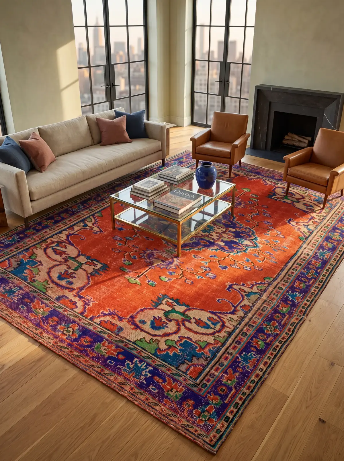 Terracotta & Royal Indigo Heritage Vintage Rug, vintage Turkish rug, Vintage Turkish Rug, hand-knotted natural wool, cotton, wool, size 185 × 251 cm, from Türkiye