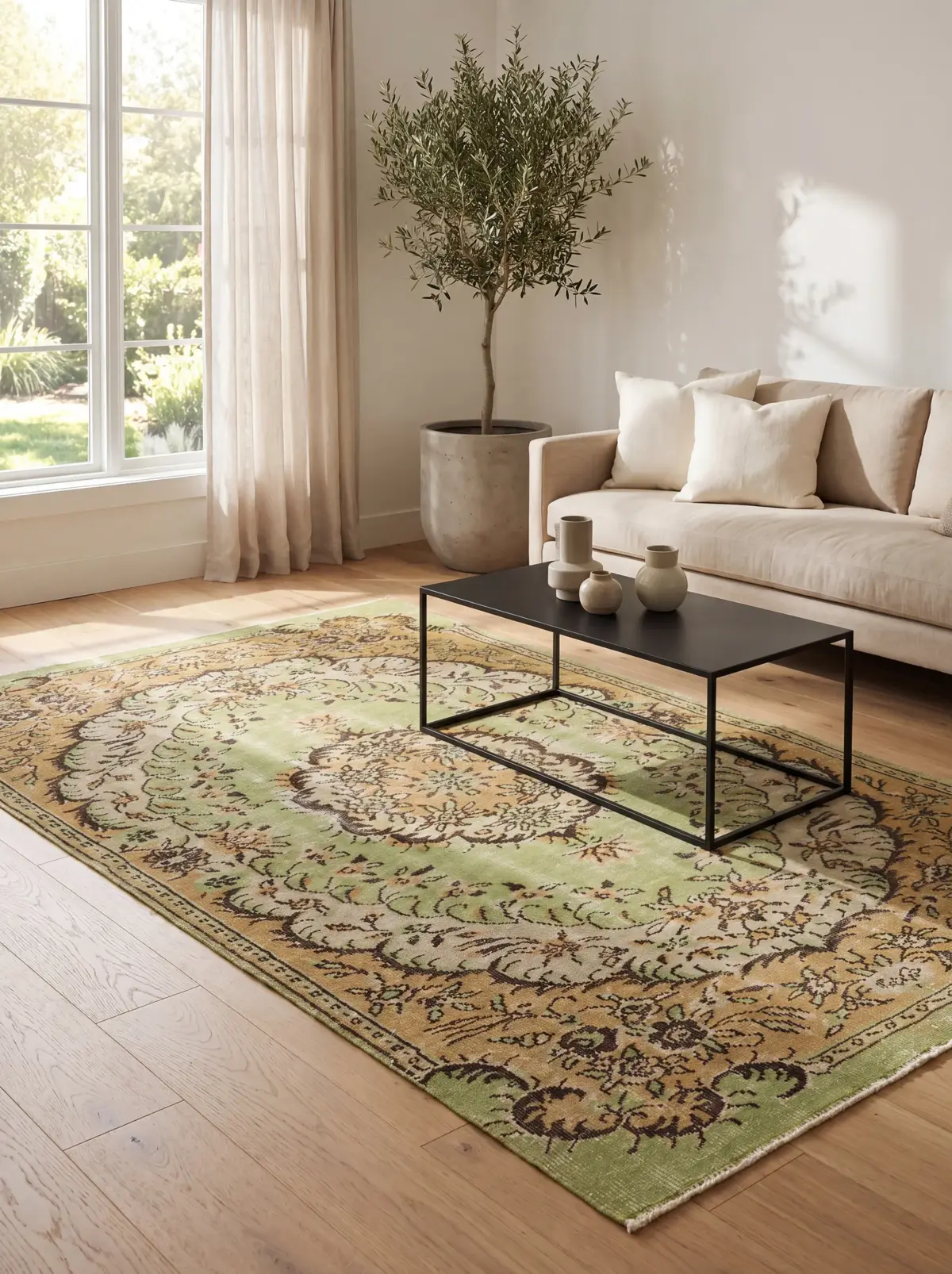Olive & Ochre Heritage Vintage Rug, vintage Turkish rug, Vintage Turkish Rug, hand-knotted natural wool, cotton, wool, size 153 × 262 cm, from Türkiye